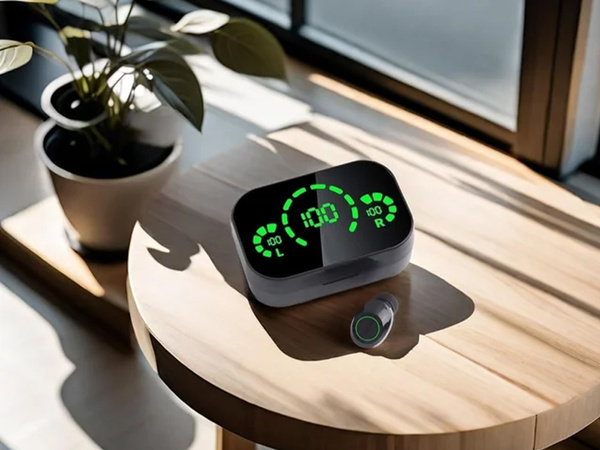 Bezdrátová sluchátka do uší bluetooth s nabíjecím pouzdrem s led diodami a mikrofonem