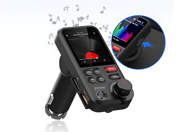 Bluetooth vysílač 5.0 fm reproduktor usb qc tf bass lcd 12-24v