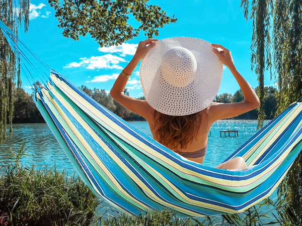 Vrtna viseča mreža dvojna xxl turistična črtasta prevleka 200 x 150 velika