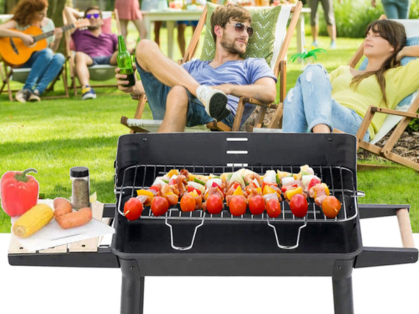 Záhradný gril veľký gril na drevené uhlie bbq nastaviteľný rošt police kolesá prenosné