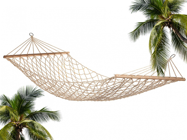 Garden hammock rope net wooden crossbars boho braided white