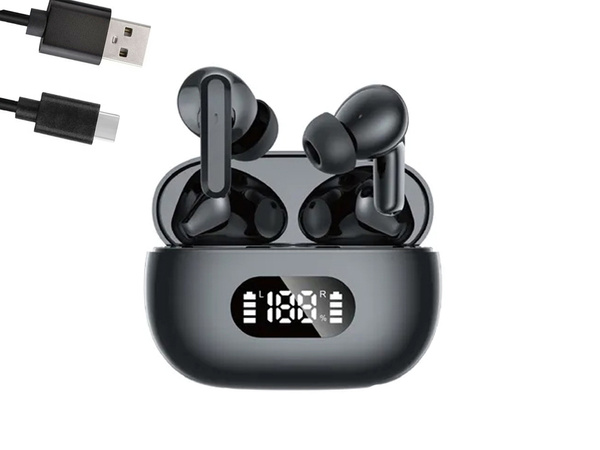 Bezdrátová sluchátka do uší bluetooth s nabíjecím pouzdrem s led diodami a mikrofonem