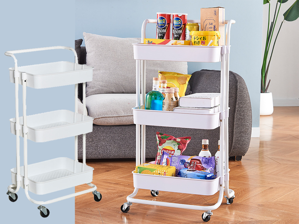 Bathroom shelf, kitchen cabinet, mobile rack on wheels, 3 levels, white