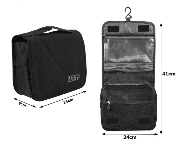 Travel cosmetics bag, hanging organiser for the bathroom, with zip, hook and handle