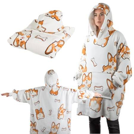 Ciepła bluza piesek koc oversize xxl 2w1 gruba futrzak miękka z kapturem
