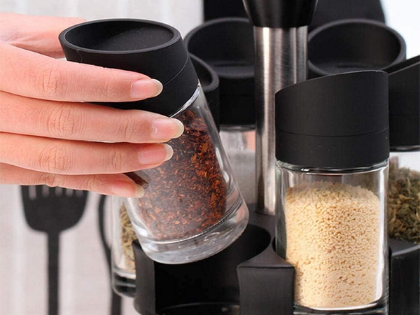 Rotating spice organiser, 12 glass containers, salt shaker