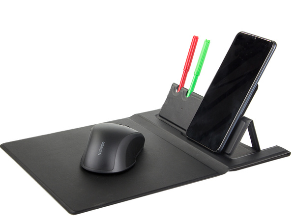 Mouse pad wireless inductive charger for mobile phones organiser