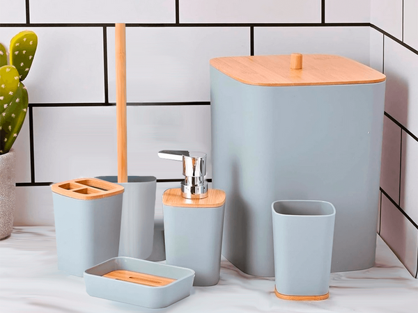 Badezimmer-set badezimmerbürste wc seifenspender abfallkorb bambus 5