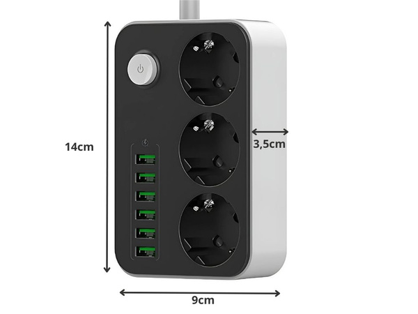 3-spot 250v 2m 6x usb charger power plug