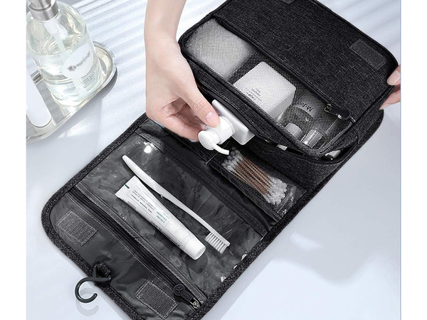 Travel cosmetics bag, hanging organiser for the bathroom, with zip, hook and handle