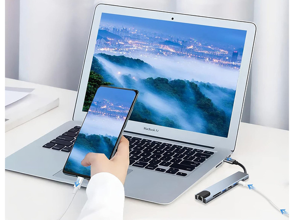 Hub adaptador 8en1 conector 2x usb-c thunderbolt 3 2xusb hdmi sd rj45