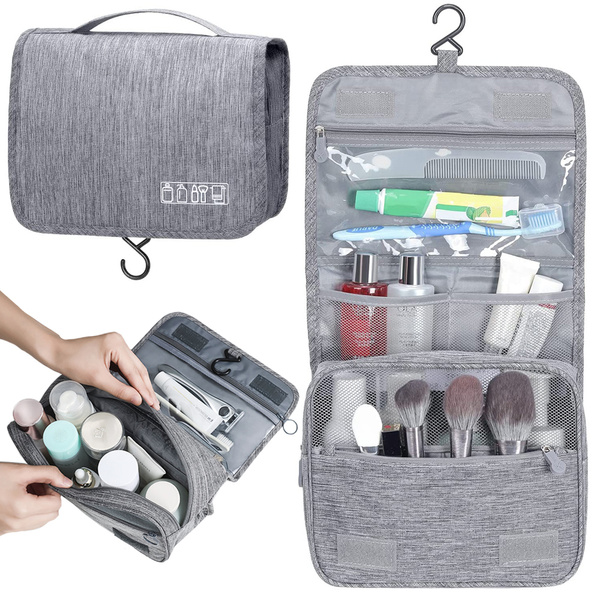 Travel cosmetics bag, hanging organiser for the bathroom, with zip, hook and handle