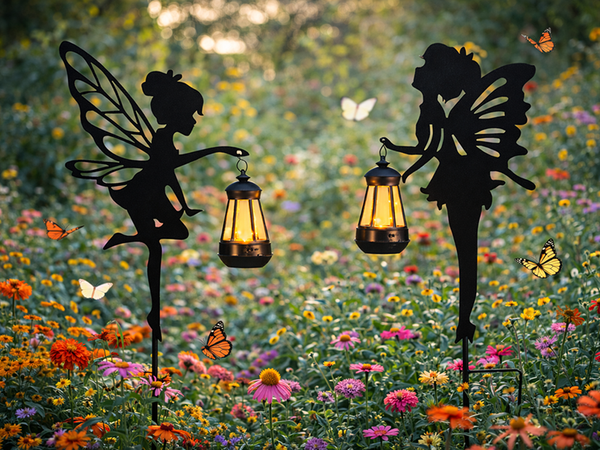 2 x DECORATIVE SOLAR LAMP WITH TWILIGHT SENSOR ELF FAIRY DECORATION LANTERN