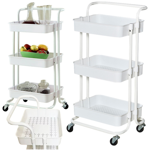 Estante de baño, armario de cocina, estantería móvil con ruedas, 3 niveles, blanco