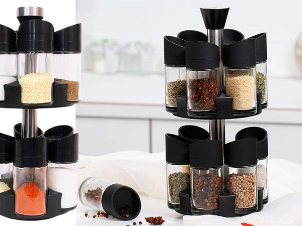 Rotating spice organiser, 12 glass containers, salt shaker