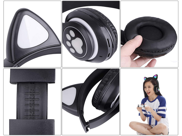 Casque sans fil bluetooth radio fm mp3 oreilles de chat retro-eclairage led