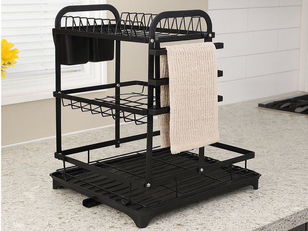 Two-level dish dryer for plates, cutlery and cups with draining tray