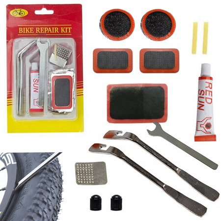 Vulcanisation kit for bicycle inner tubes repair patches with spoons glue