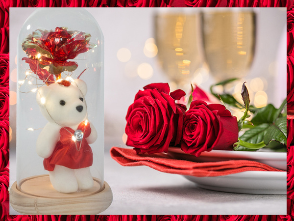 Örök rózsa üvegben vezetett világító üveg dobozban nőnapi ajándék