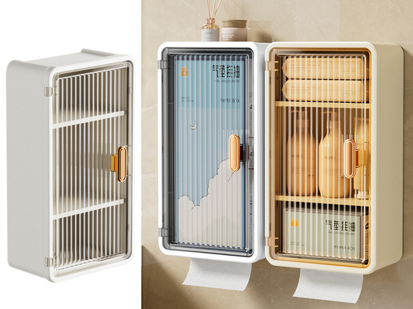 Stenska polica za kopalnico, 3 ravni, vrata, odprtina za papirnate prtičke