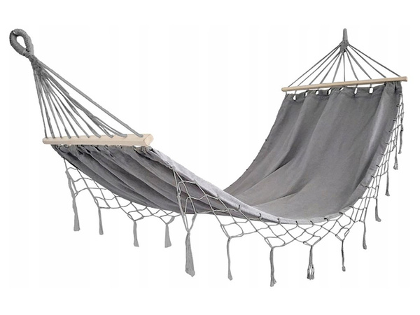 Záhradná hojdacia sieť turistická sivá hojdačka so strapcami boho vak 200 x 100 cm