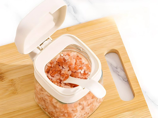 Kuchyňská nádoba na koření s držákem, skleněná 300 ml sklenice + lžička