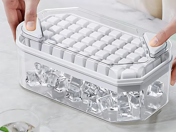 Ice cube tray for 50 cubes with container, buttons and scoop