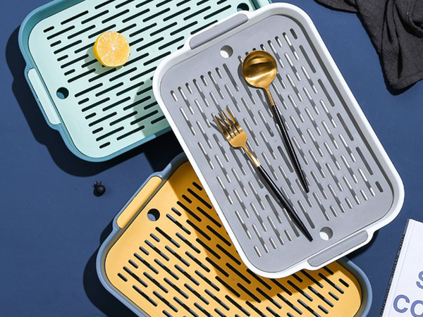 Two-layer kitchen tray with drain for dishes, vegetables, fruit, plastic