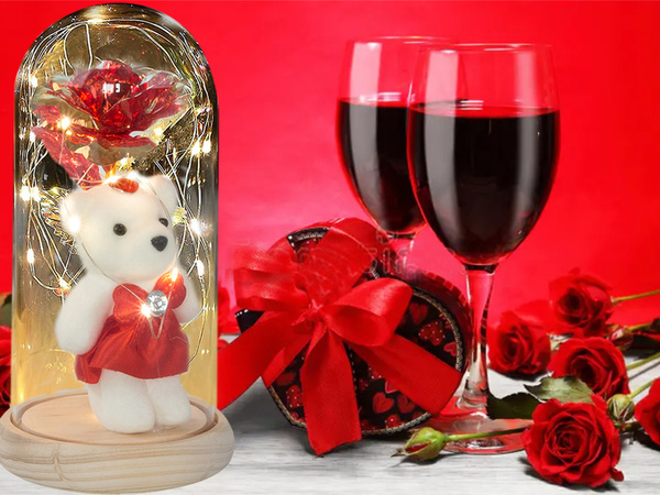 Örök rózsa üvegben vezetett világító üveg dobozban nőnapi ajándék