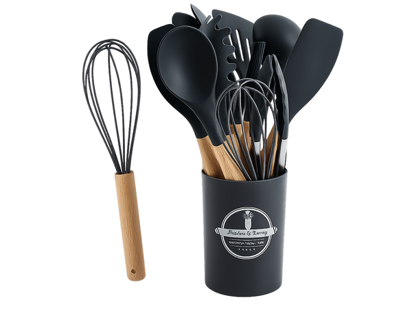 Juego de utensilios de cocina de silicona y madera accesorios cucharas 12 piezas