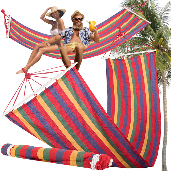 Hamac de jardin renforcé balançoire à bascule en bois coloré et rayé 200 x 80