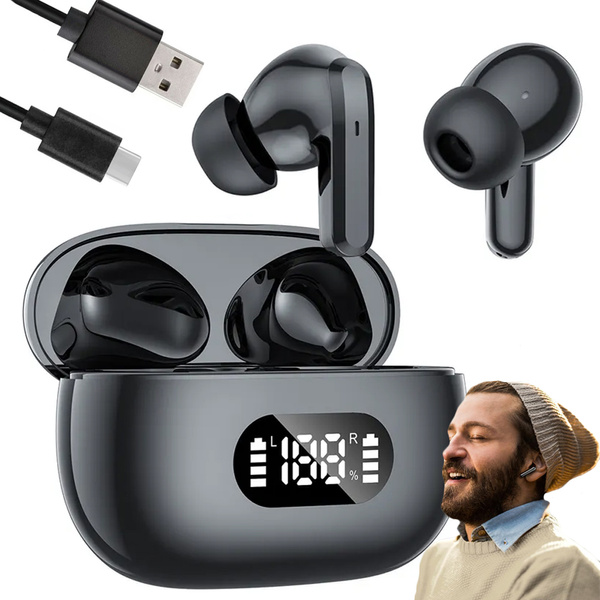 Bezdrátová sluchátka do uší bluetooth s nabíjecím pouzdrem s led diodami a mikrofonem