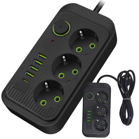 3 socket power plug 3 socket 250v 2m 4x usb 1x ucb-c