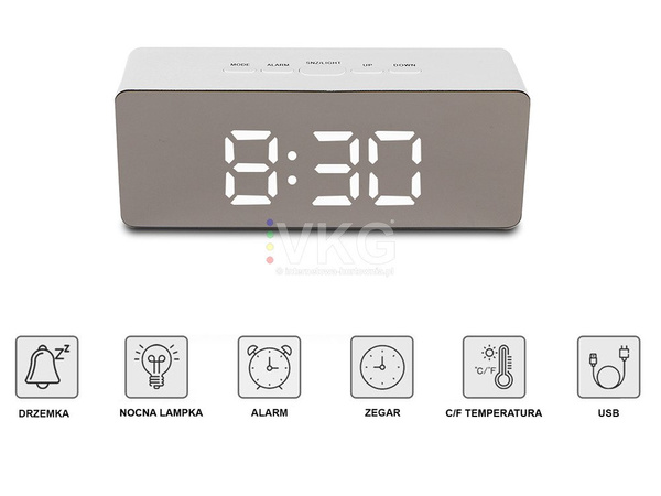 Zegar budzik termometr lustro led alarm data 4w1