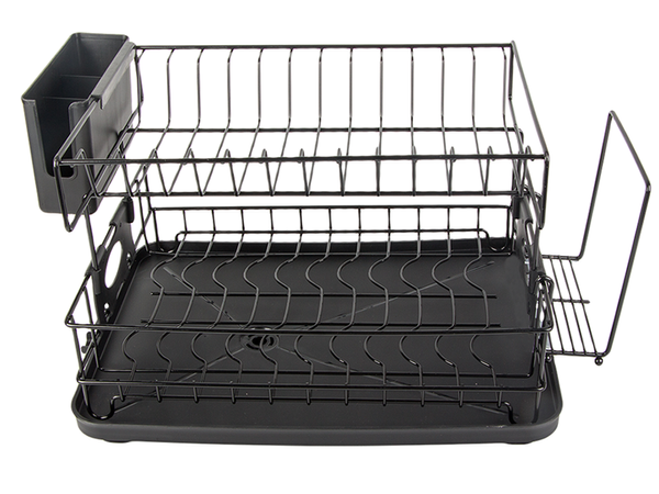 Two-level dish dryer for plates, cutlery and cups with drip tray