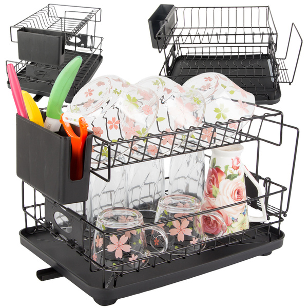 Secador de platos, cubiertos y tazas de dos niveles con bandeja