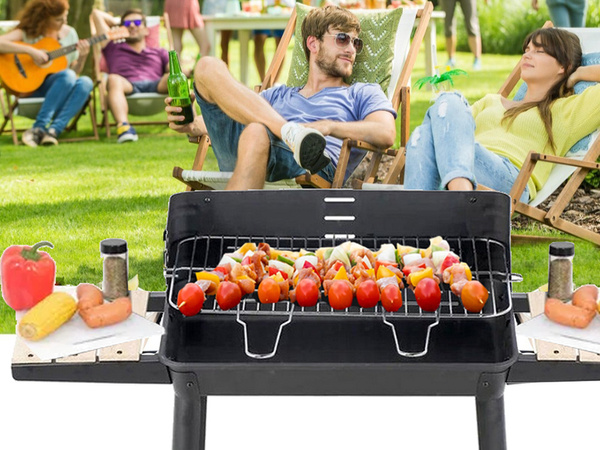 Kerti grill nagy faszén grillsütő állítható rostély polcok kerekek hordozható
