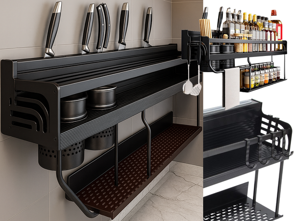 Sienas plaukts metāla virtuves organizētājs, kas piekarams pie sienas, paredzēts virtuves piederumiem un garšvielām