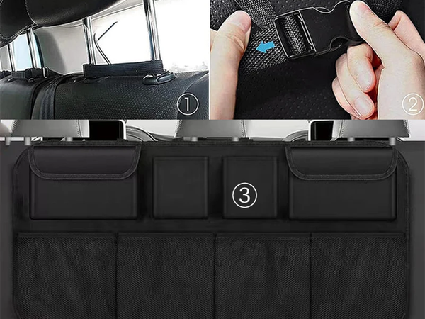 Automobilio sėdynės atlošo organizatorius su kišenėmis