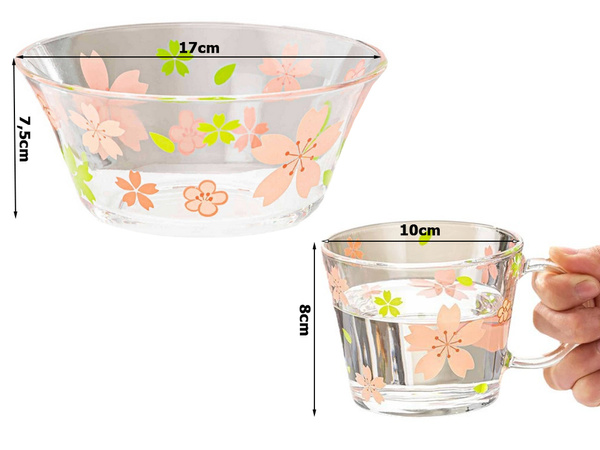 Pusdienu servīze bļodas krūzes tases salātu trauki no stikla ar ziedu rakstu, 6 gab.