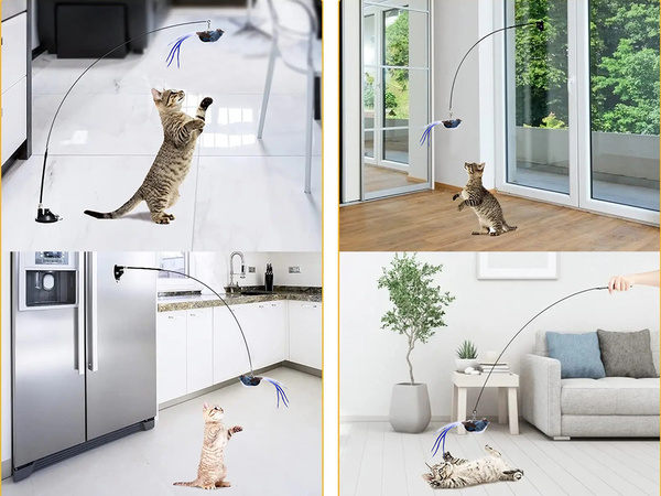 Cat rod interactive toy with suction cup movable birdie