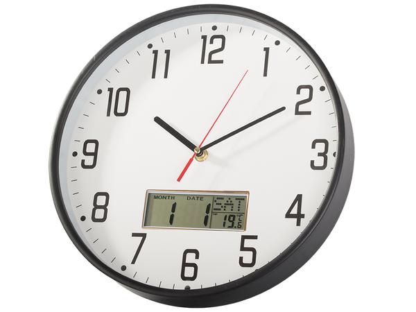 Horloge murale grand silencieux 30cm aiguille ronde date température bois