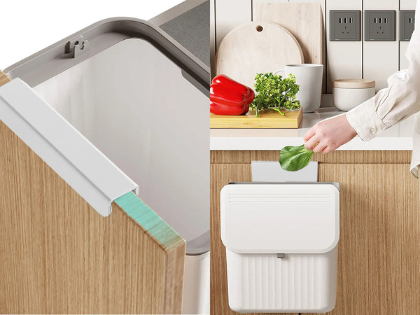 Papelera de cocina colgante con tapa para puerta de armario blanca 9l