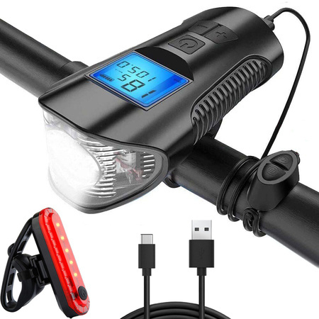 Front rear led bicycle lamp km counter horn loud bell 3in1