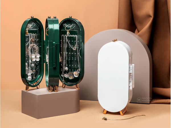 Juvelyrinių dirbinių organizatorius, sulankstoma skrynelė, veidrodinis stendas, balta