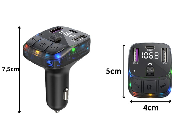 Automobilový mp3/wma transmitter 2xusb + usb c bluetooth 5.3 led qc 3.0