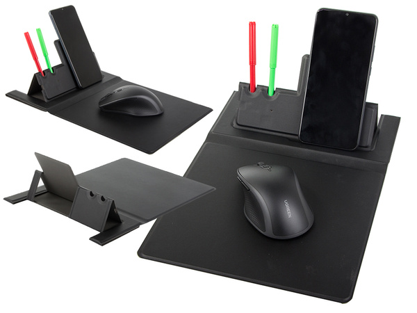 Mouse pad wireless inductive charger for phone organizer