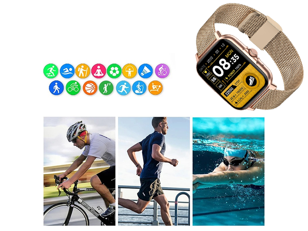 Montre connectée pour femme et homme, bracelet en caoutchouc, sport, Bluetooth, appels, dorée