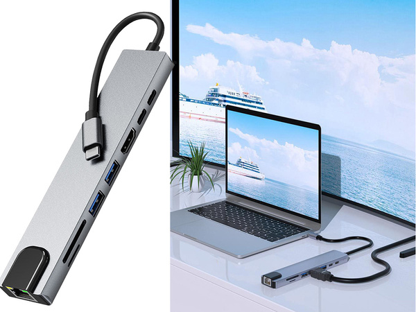 Hub adapter 8w1 przejściówka 2x usb-c thunderbolt 3 2xusb hdmi sd rj45