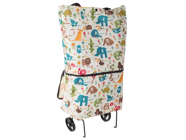 Shopping bag trolley with shoulder wheels foldable
